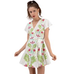 Batik T- Shirt Batik Flowers Pattern T- Shirt Flutter Sleeve Wrap Dress