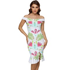 Batik T- Shirt Batik Flowers Pattern T- Shirt Off Shoulder Ruffle Split Hem Bodycon Dress