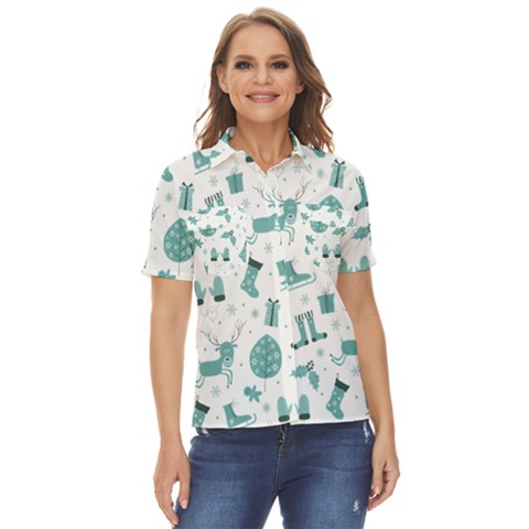 Christmas Seamless Pattern Design Women s Short Sleeve Double Pocket Shirt by Sarkoni