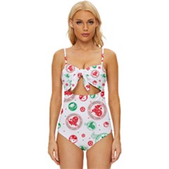 Merry Christmas Geometric Pattern Knot Front One-piece Swimsuit by Sarkoni