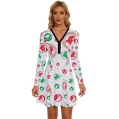 Merry Christmas Geometric Pattern Long Sleeve Deep V Mini Dress  by Sarkoni