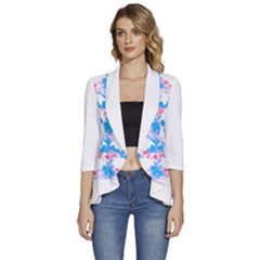 Bats Pattern T- Shirt White Bats And Bows Blue Pink T- Shirt Women s 3/4 Sleeve Ruffle Edge Open Front Jacket