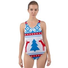 Red And Green Christmas Tree Winter Pattern Pixel Elk Buckle Holidays Cut-out Back One Piece Swimsuit by Sarkoni