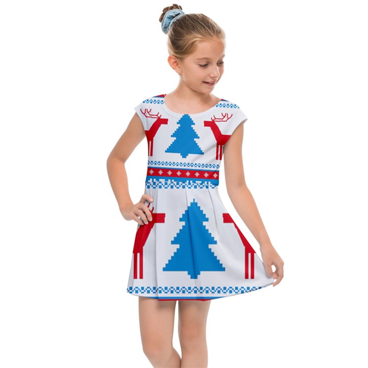 Red And Green Christmas Tree Winter Pattern Pixel Elk Buckle Holidays Kids  Cap Sleeve Dress