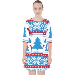 Red And Green Christmas Tree Winter Pattern Pixel Elk Buckle Holidays Quarter Sleeve Pocket Dress by Sarkoni