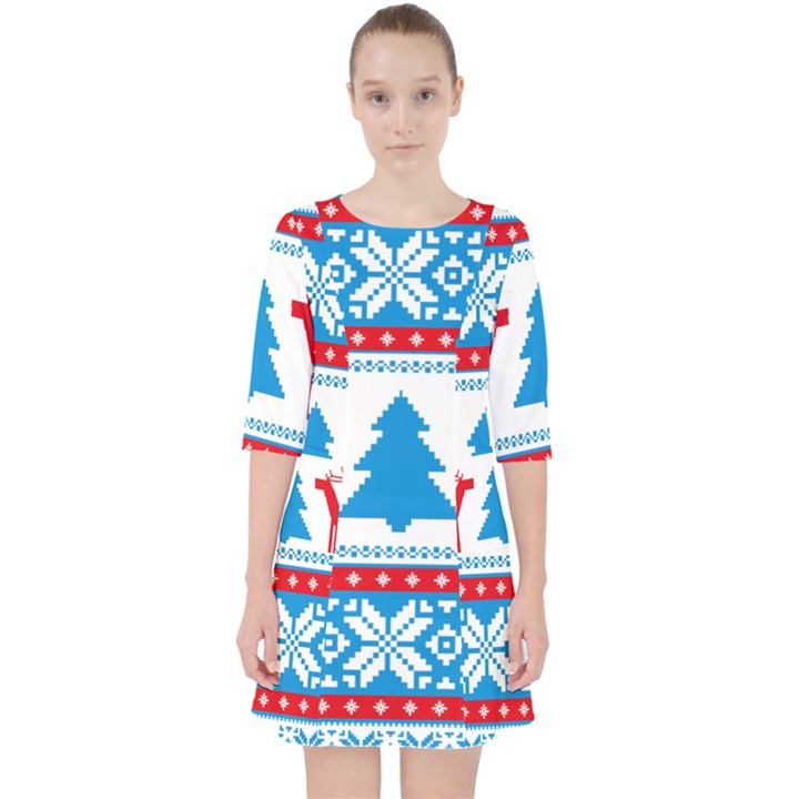 Red And Green Christmas Tree Winter Pattern Pixel Elk Buckle Holidays Quarter Sleeve Pocket Dress