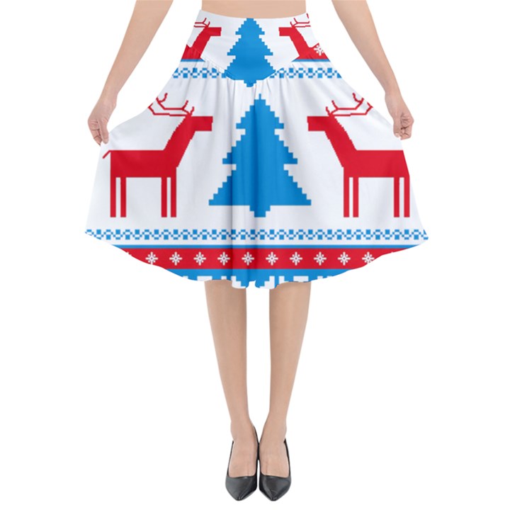 Red And Green Christmas Tree Winter Pattern Pixel Elk Buckle Holidays Flared Midi Skirt