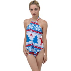 Red And Green Christmas Tree Winter Pattern Pixel Elk Buckle Holidays Go With The Flow One Piece Swimsuit by Sarkoni