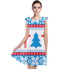 Red And Green Christmas Tree Winter Pattern Pixel Elk Buckle Holidays Tie Up Tunic Dress by Sarkoni