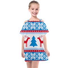 Red And Green Christmas Tree Winter Pattern Pixel Elk Buckle Holidays Kids  One Piece Chiffon Dress by Sarkoni