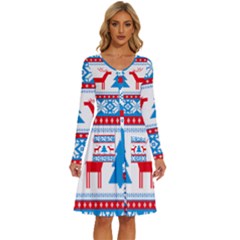 Red And Green Christmas Tree Winter Pattern Pixel Elk Buckle Holidays Long Sleeve Dress With Pocket by Sarkoni