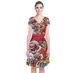 Funny Santa Claus Christmas Short Sleeve Front Wrap Dress by Sarkoni