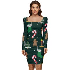 Pattern Christmas Gift Women Long Sleeve Ruched Stretch Jersey Dress by uniart180623