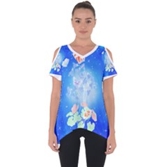 Butterflies T- Shirt Serenity Blue Floral Design With Butterflies T- Shirt Cut Out Side Drop T-shirt by EnriqueJohnson