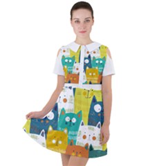 Cat T- Shirt Cute Cats Colorful Seamless Pattern T- Shirt Short Sleeve Shoulder Cut Out Dress 