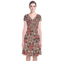 Red Blossom Harmony Pattern Design Short Sleeve Front Wrap Dress