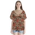 Red Blossom Harmony Pattern Design V-Neck Flutter Sleeve Top View1