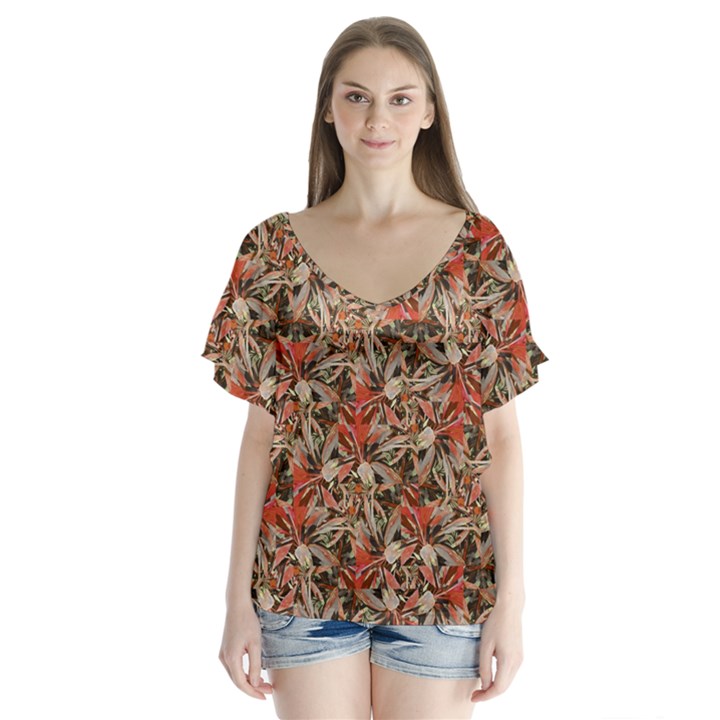 Red Blossom Harmony Pattern Design V-Neck Flutter Sleeve Top