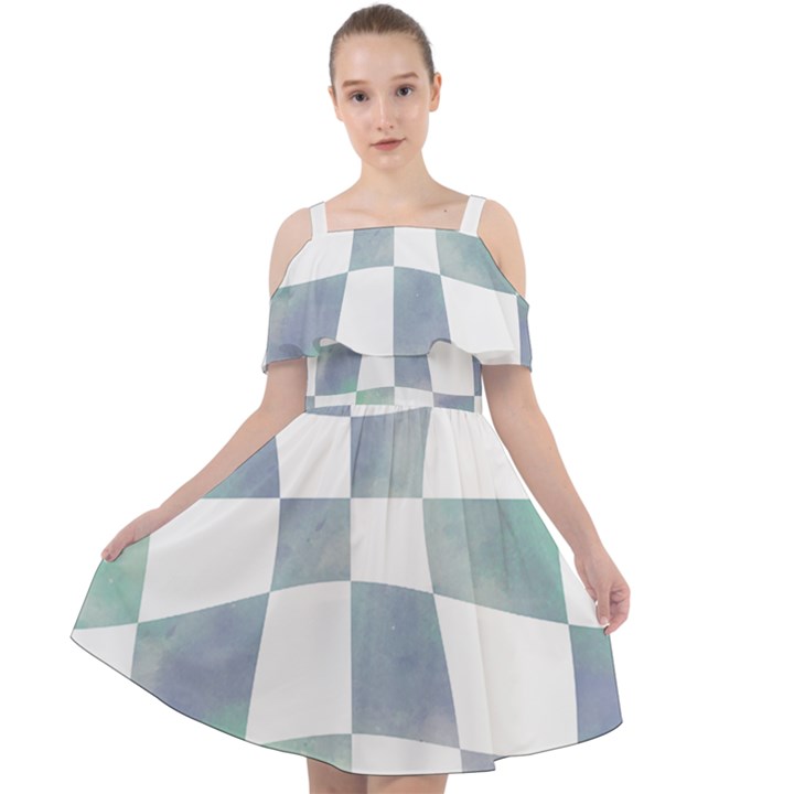 Checkerboard T- Shirt Psychedelic Watercolor Check Aqua T- Shirt Cut Out Shoulders Chiffon Dress