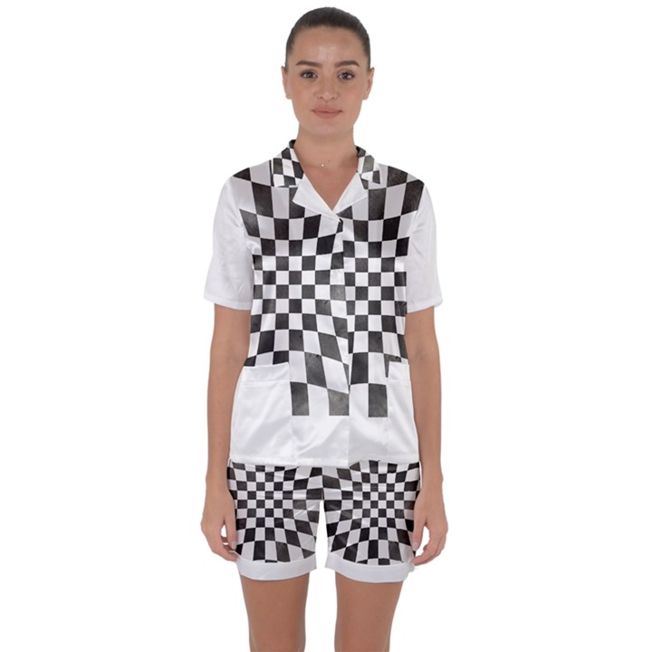 Checkerboard T- Shirt Watercolor Psychedelic Checkerboard T- Shirt Satin Short Sleeve Pajamas Set