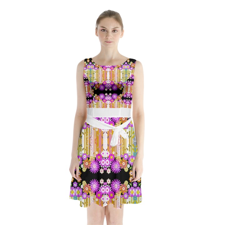 Colorful Flowers Pattern T- Shirt Colorful Wild Flowers T- Shirt Sleeveless Waist Tie Chiffon Dress