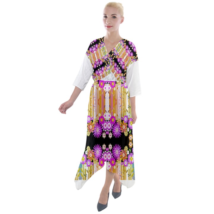 Colorful Flowers Pattern T- Shirt Colorful Wild Flowers T- Shirt Quarter Sleeve Wrap Front Maxi Dress