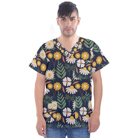 Flower Grey Pattern Floral Men s V-neck Scrub Top by Dutashop