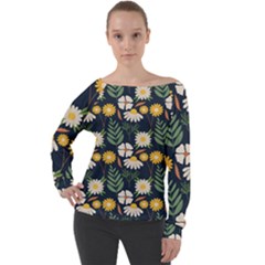 Flower Grey Pattern Floral Off Shoulder Long Sleeve Velour Top