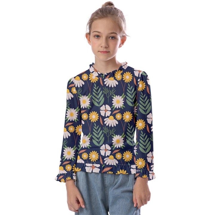 Flower Grey Pattern Floral Kids  Frill Detail T-Shirt