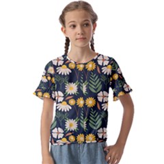 Flower Grey Pattern Floral Kids  Cuff Sleeve Scrunch Bottom T-shirt