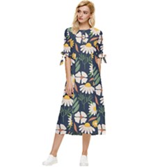 Flower Grey Pattern Floral Bow Sleeve Chiffon Midi Dress