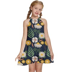 Flower Grey Pattern Floral Kids  Halter Collar Waist Tie Chiffon Dress