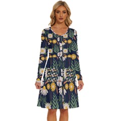 Flower Grey Pattern Floral Long Sleeve Dress With Pocket