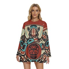 Skull Grateful Dead Phone Gratefuldead Round Neck Long Sleeve Bohemian Style Chiffon Mini Dress by Sarkoni