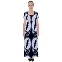 Black And White Deadhead Grateful Dead Steal Your Face Pattern High Waist Short Sleeve Maxi Dress by Sarkoni