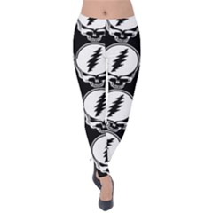 Black And White Deadhead Grateful Dead Steal Your Face Pattern Velvet Leggings by Sarkoni