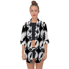 Black And White Deadhead Grateful Dead Steal Your Face Pattern Open Front Chiffon Kimono by Sarkoni