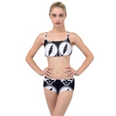 Black And White Deadhead Grateful Dead Steal Your Face Pattern Layered Top Bikini Set by Sarkoni