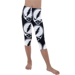 Black And White Deadhead Grateful Dead Steal Your Face Pattern Kids  Lightweight Velour Capri Leggings  by Sarkoni