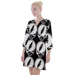 Black And White Deadhead Grateful Dead Steal Your Face Pattern Open Neck Shift Dress by Sarkoni