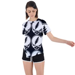 Black And White Deadhead Grateful Dead Steal Your Face Pattern Asymmetrical Short Sleeve Sports T-shirt by Sarkoni