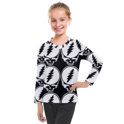 Black And White Deadhead Grateful Dead Steal Your Face Pattern Kids  Long Mesh T-shirt by Sarkoni