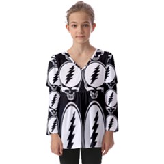 Black And White Deadhead Grateful Dead Steal Your Face Pattern Kids  V Neck Casual Top by Sarkoni