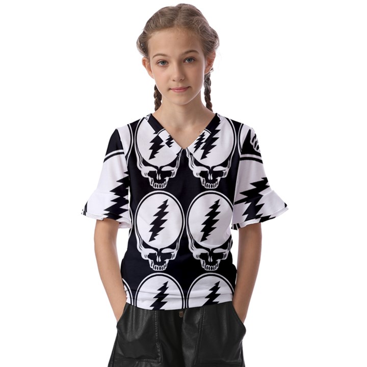 Black And White Deadhead Grateful Dead Steal Your Face Pattern Kids  V-Neck Horn Sleeve Blouse