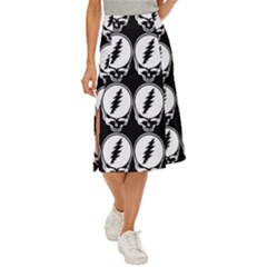 Black And White Deadhead Grateful Dead Steal Your Face Pattern Midi Panel Skirt by Sarkoni