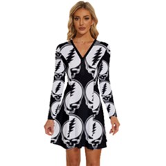 Black And White Deadhead Grateful Dead Steal Your Face Pattern Long Sleeve Deep V Mini Dress  by Sarkoni