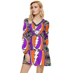 Gratefuldead Grateful Dead Pattern Tiered Long Sleeve Mini Dress by Sarkoni