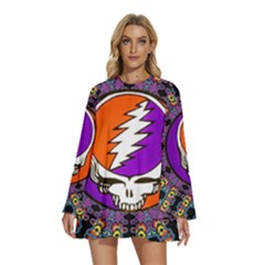 Gratefuldead Grateful Dead Pattern Round Neck Long Sleeve Bohemian Style Chiffon Mini Dress by Sarkoni