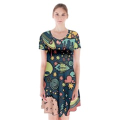 Alien Rocket Space Aesthetic Short Sleeve V-neck Flare Dress by Sarkoni