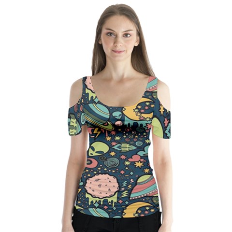 Alien Rocket Space Aesthetic Butterfly Sleeve Cutout T-shirt  by Sarkoni